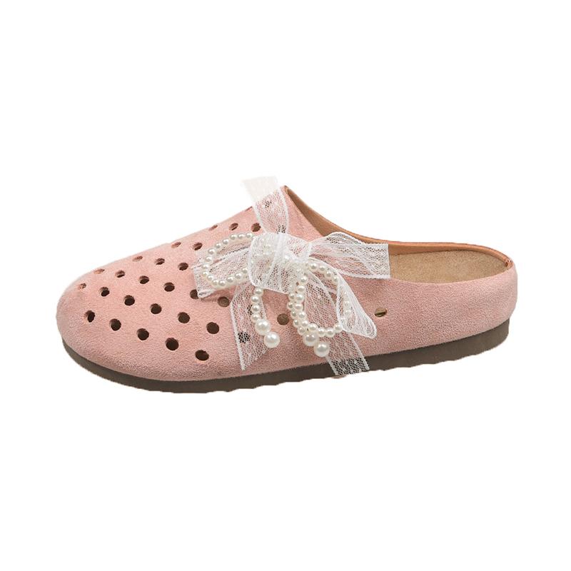 Fashion Baotou Slippers Summer New Round Head Deep Mouth Set Foot Suede Lace Beaded Soft Sole Anti-slip Wear-resistant Flat Shoes
