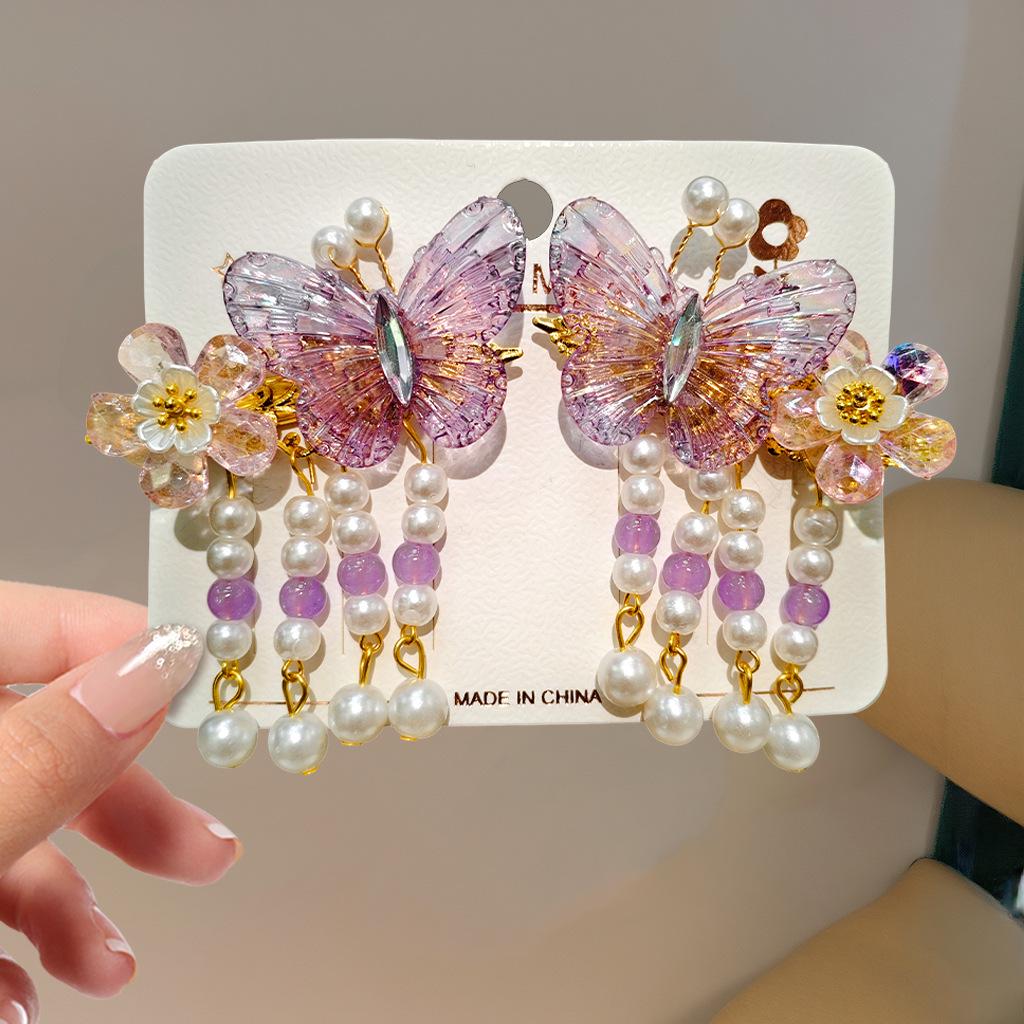 Children's Traditional Hanfu Headdress Hair Clips with Tassels - Handmade Pair for Girls