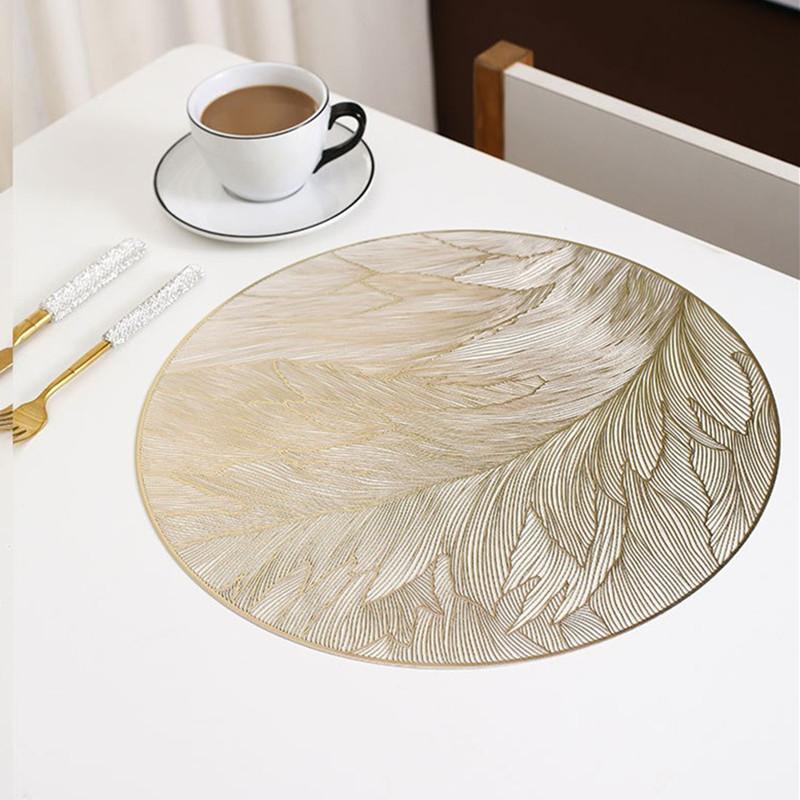 1Pc 38x38cm Round Feather Pattern Gold Hollow Dining Heat Insulation PVC Table Mat Home Tea Coffee Dish Coaster Placemat