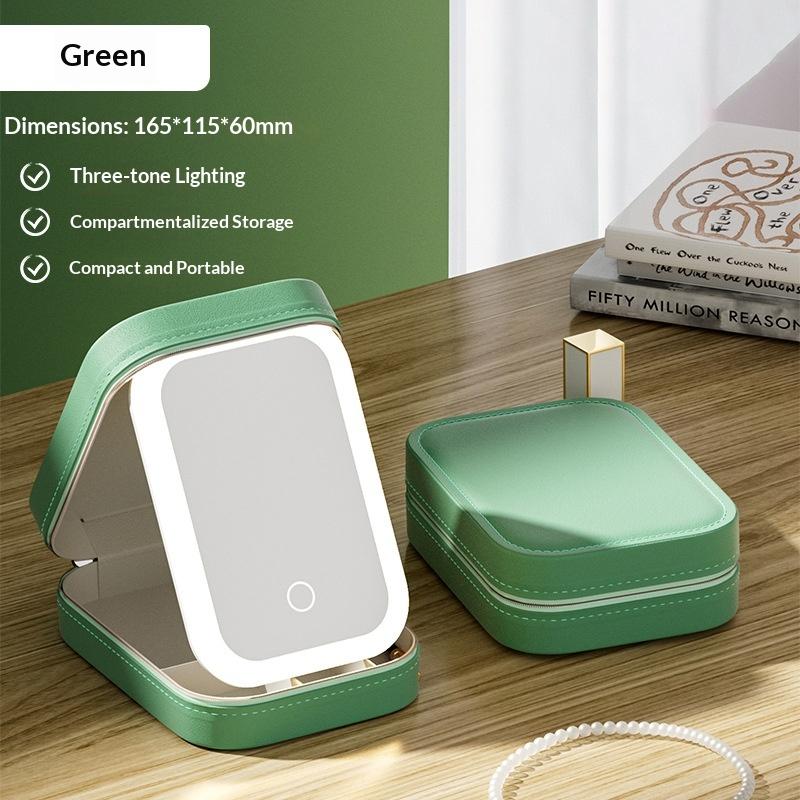 

Makeup Storage Box Led Light Mirror Portable Travel Cosmetics Storage Box Touch Light Storage Organizer 3 Adjustable Brightness зелёный