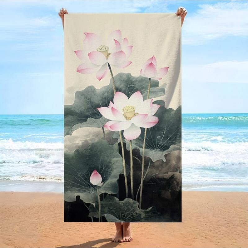 

1pc Oversized for Lotus Flower Beach Towel Luxury Soft Microfiber Bath Swim Towels with Elegant White Lotus Green Leaf Pattern W40*H60(CM)