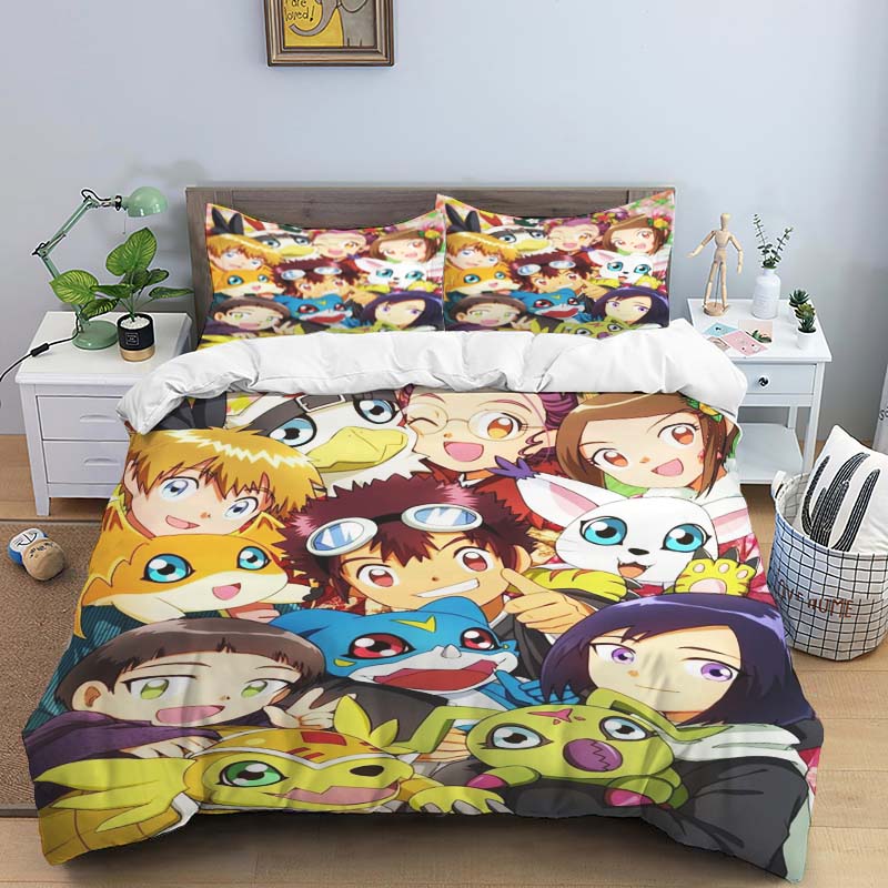 Digimon Cartoon 3D-Printed Bedding Set—Includes Duvet Cover and Pillowcases—Available for Single, Double, King, and Queen-Sized
