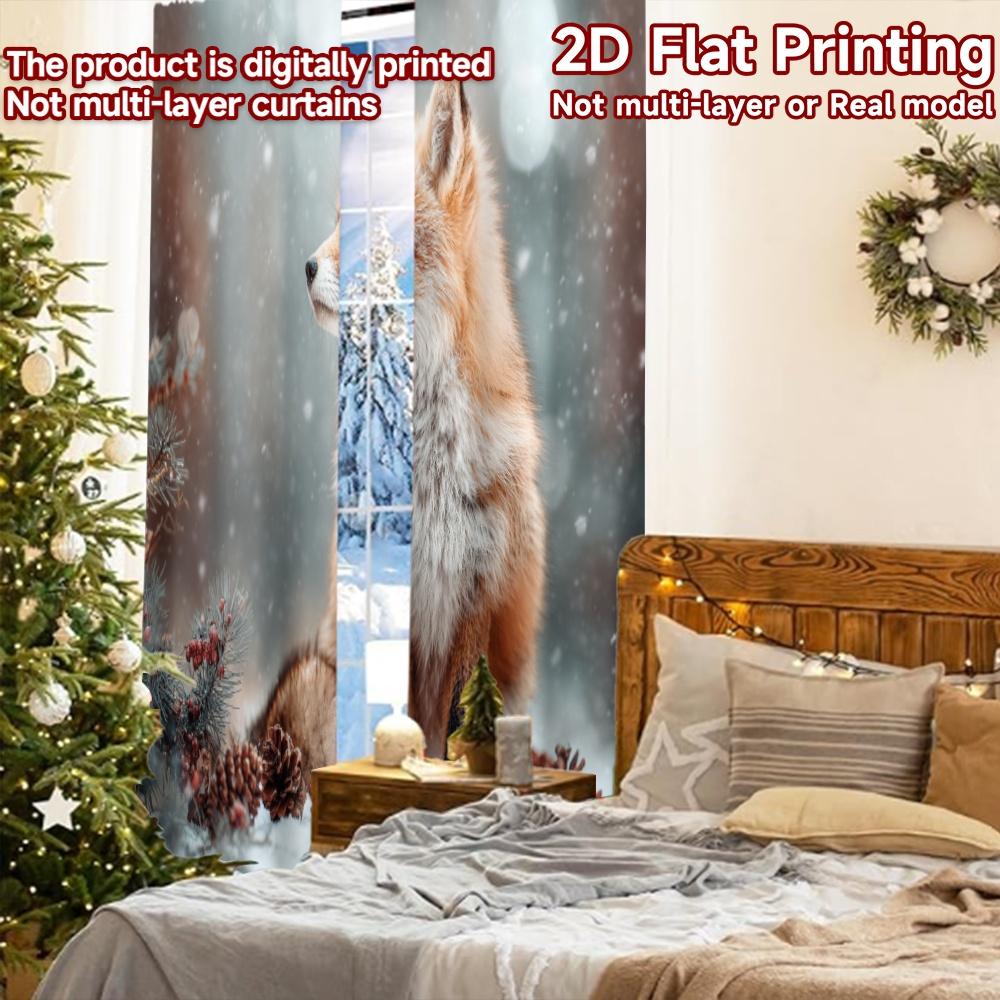 2pcs, 2D FLAT PRINTING Curtains (Without Rod) Winter Fox Scene Popular Curtains&Drapes Festival Durable Polyester Fabric