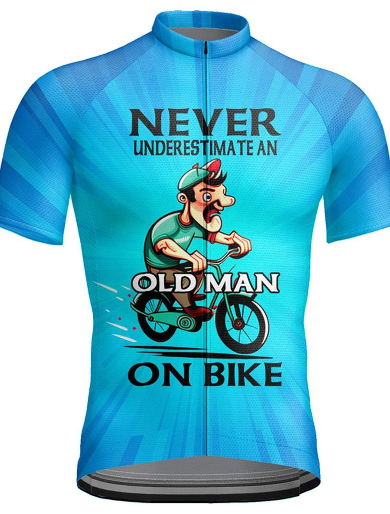 Herren Blaues Radtrikot mit Grafik "Unterschätze niemals einen alten Mann auf einem Fahrrad" - Kurzarm, Reißverschluss, Schnelltrocknend, Sonnenschützende Outdoor-Sportbekleidu