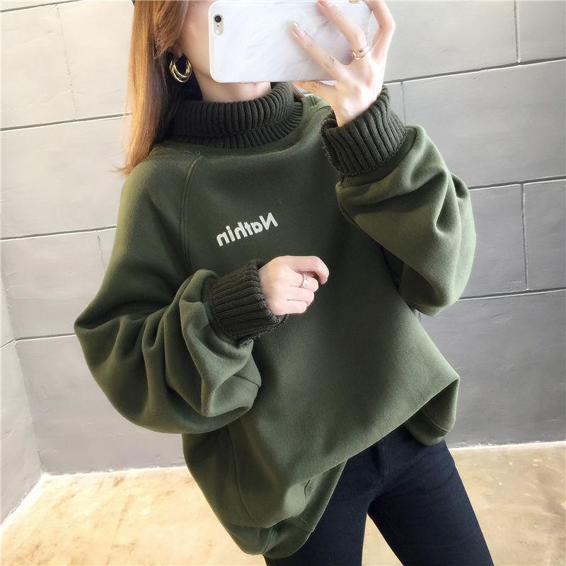 Sweatshirt for Women Padded Thickened Sweatshirt High Neck Loose Fake Two Piece Fleece Casual Pullover Long Sleeve Top Sweatshirt
