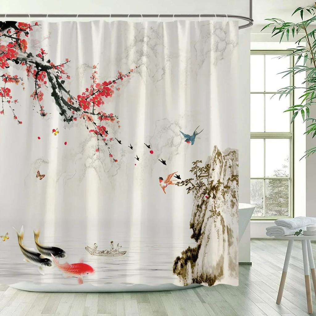 Flower Bird Scenery Shower Curtains Green Bamboo Red Floral Mountain Ink Landscape Bath Curtain Fabric Bathroom Decor with Hooks
