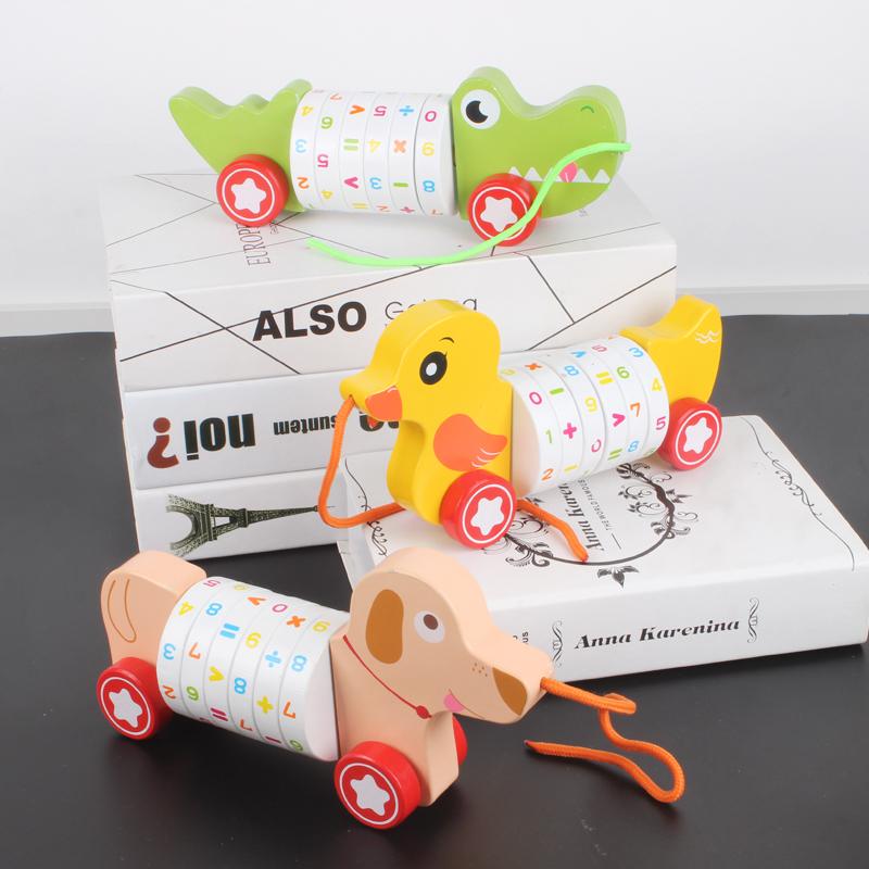 Wooden Animal Push Down Car Pull Rope Car Towing Toys Push and Go Baby Girl Walker Duck Puppy for Kids Early Education Toddler