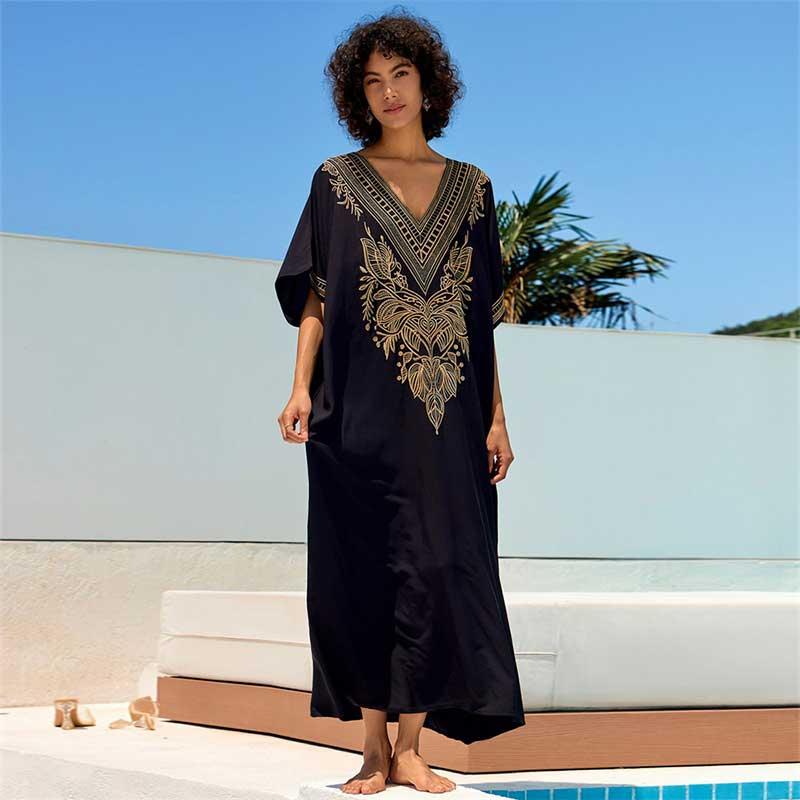 EDOLYNSA Chic Gold Thread Embroidered Plus Size Black Kaftan V Neck Dress 2024 Women Summer Beachwear Swimsuit Cover Up Loose Caftan Q1685