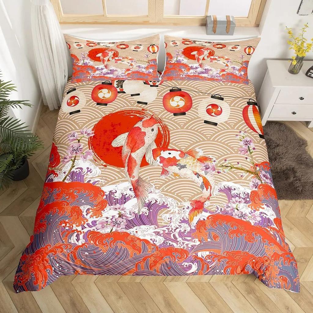 Lucky Koi Bettbezug-Set Traditionelle Tuschekunst Tagesdecke Lotusblatt Natur Bettbezug Dreiteiliger Kissenbezug