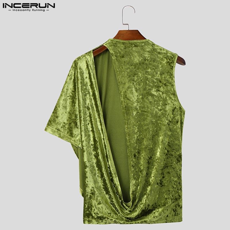 INCERUN Men One Shoulder Backless Velvet Glitter Ruffled Tops Casual T-shirts