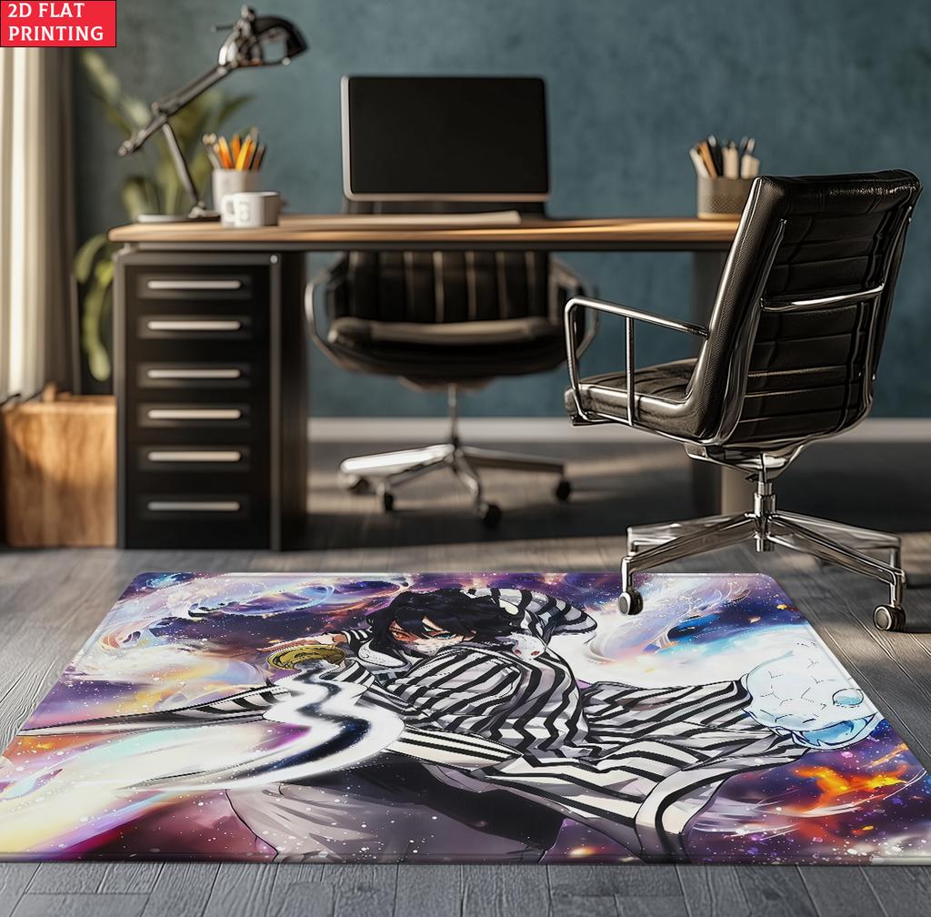 Anime Swordsman Area Rug, Blue Water Wave Theme  Floor Mat, Decorative Carpet for Gaming Room Bedroom, Washable Home Decor Gift