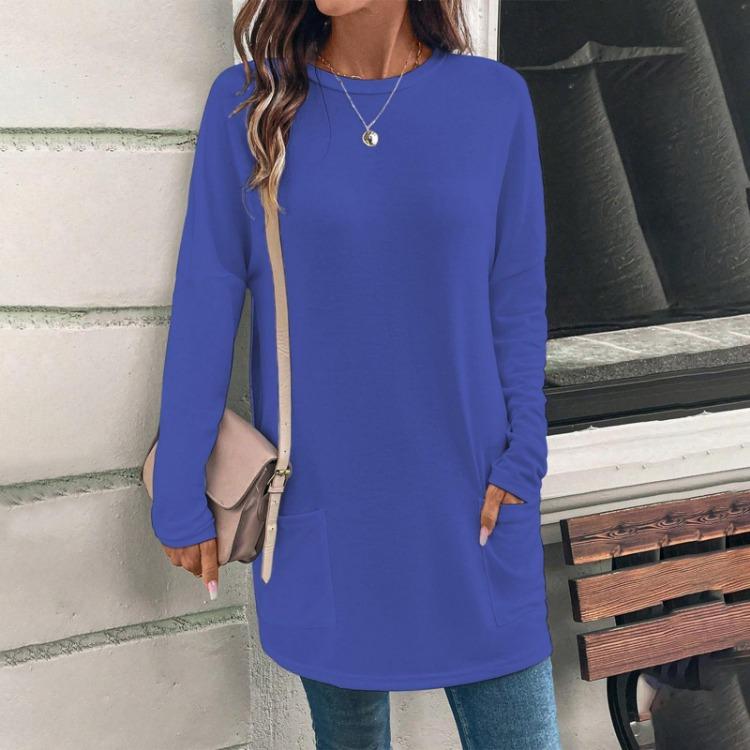 Loose Long Sleeve Crewneck Pocket Top Women Casual Solid Color Fashion