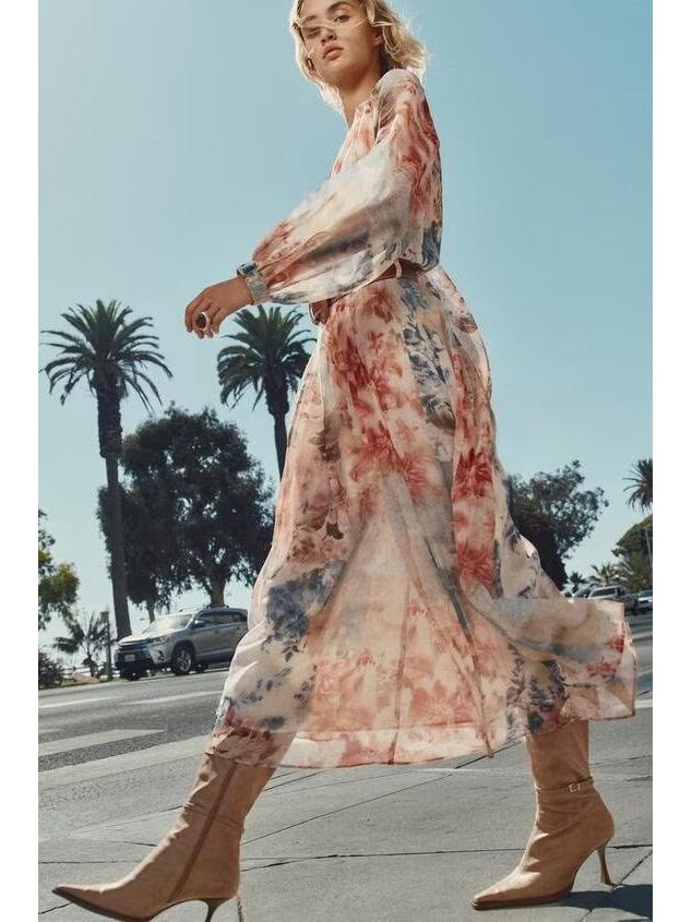 Květinové midi šaty s výstřihem do V a páskem - Dámský evropský a americký styl 2025 Jarní/podzimní kolekce