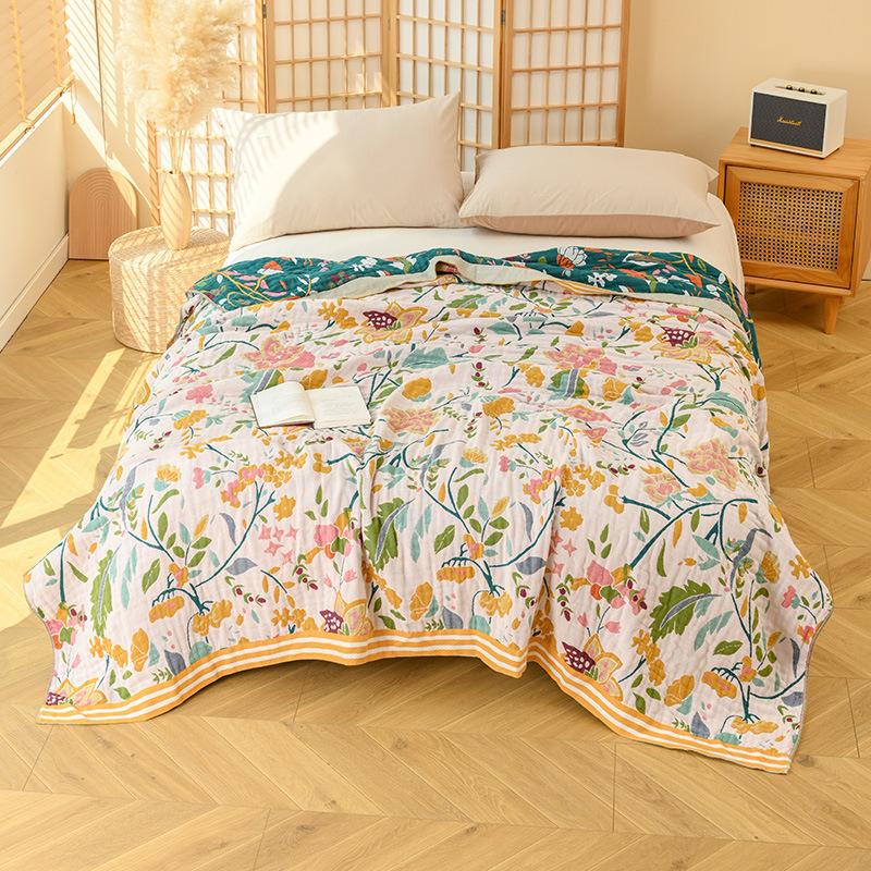 100% Cotton Blanket, Fresh Floral Bed Sheet, Four-Ply Gauze Sheet, Reversible