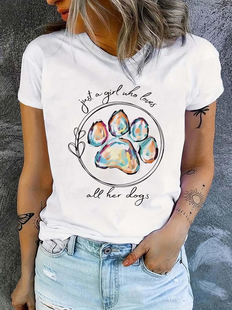 Womens Just A Who Loves All Her Dogs Graphic TShirt Cute Dog Paw Print Short Sleeve Crew Neck Top Aesthetic Clothes Casual