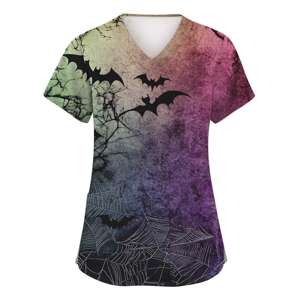 Women's Fashion V-neck Short-sleeved Work Uniform With Pockets, Halloween Print Top