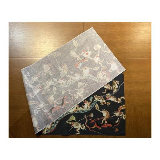 Ukiyo-e Tenugui Towel: Frogs and Snakes Play by Kawanabe Kyosai, Black, 100% Cotton, Japan, Premium Tokka, Reactive Dye, Screen Printed, Animals,