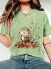 Women Heather Purple T-shirt Cute Hedgehog Autumn Fall Leaves Print Casual Crewneck Short Sleeve Tops