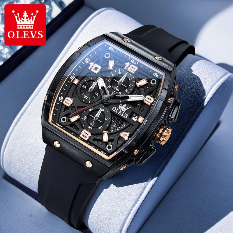OLEVS Mens Watch Fashion Silicone Strap Tonneau Chronograph Quartz Watch Waterproof Luminous Sports Date Watches Gifts