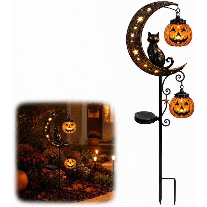 Iron Black Cat Moon Ground Lamp Waterproof Solar Garden Light Auto On/Off for Outdoor Lawns Courtyards Yards Patio Pathway Halloween Decor