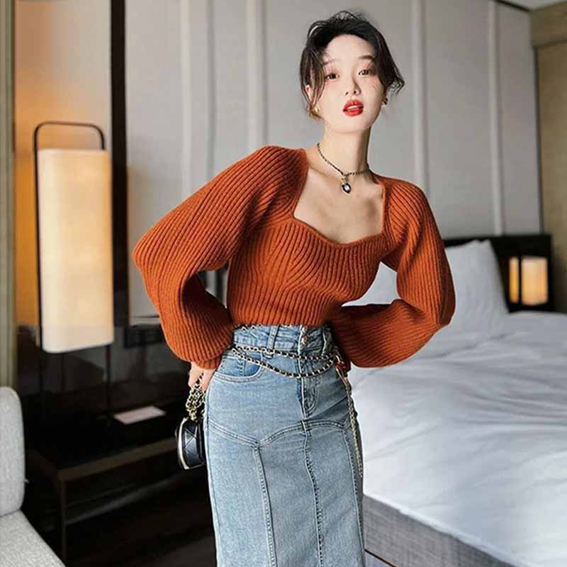 Literatura a umění Vintage Jednobarevné Tričko s čtvercovým výstřihem Dámský Podzimní a Zimní Volný Slim Svetr s dlouhým rukávem