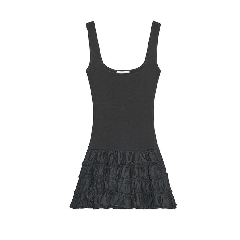 

Летнее женское минималистичное платье-слинг с рубчатым подолом и пушистой лоскутной отделкой, квадратным вырезом 4174801 Black L