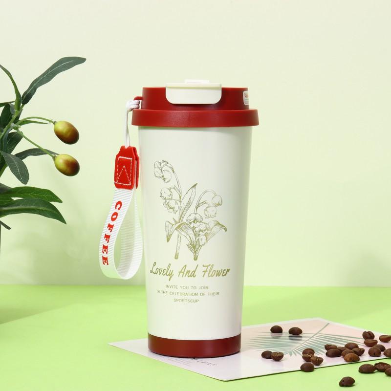 Stainless Steel Insulated Travel Mug With Handle Rope Straw 500ml Vacuum Thermos Office Outdoor Commute