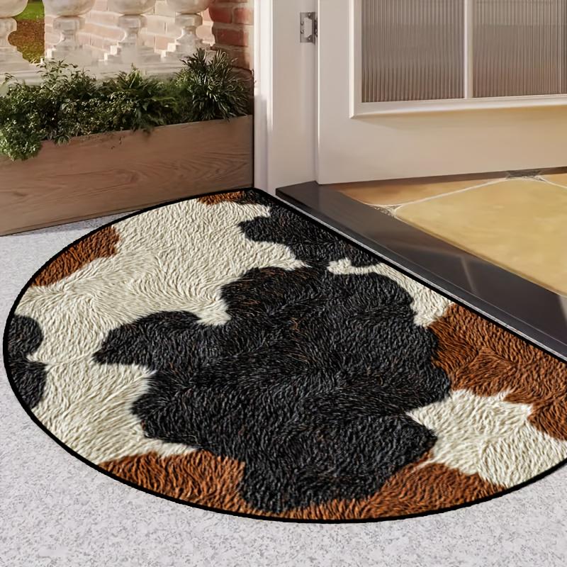 

Полукруглый коврик для двери с узором под коровью шкуру - 3D визуальный эффект, принт животной шкуры - 2D плоский, нескользящий, машинная стирка, напольный ковер для прихожей, спальни 40X60CM