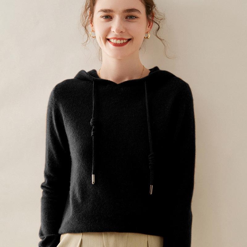 Women's Cashmere Hoodie: Solid Color Loose Slimming Pullover Knit Sweater for Autumn/Winter Outerwear