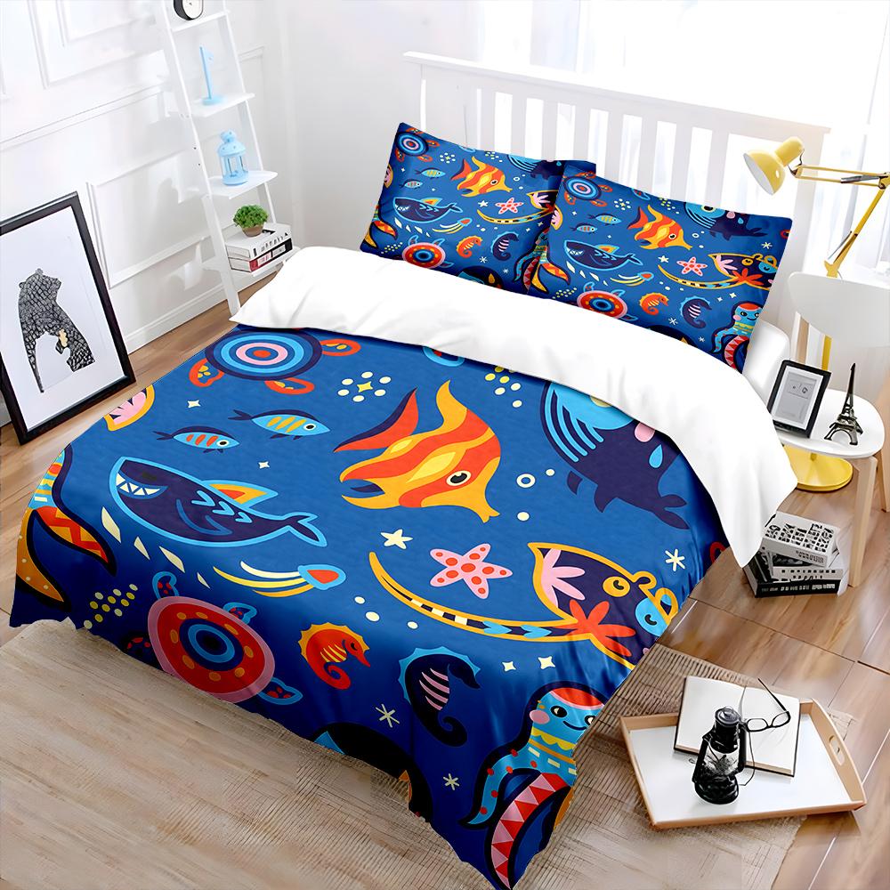 Cartoon underwater animals design Bedding Set for Kids Luxury Gift 3pcs Digital Print Comforter Set Soft Comfortable Breathable