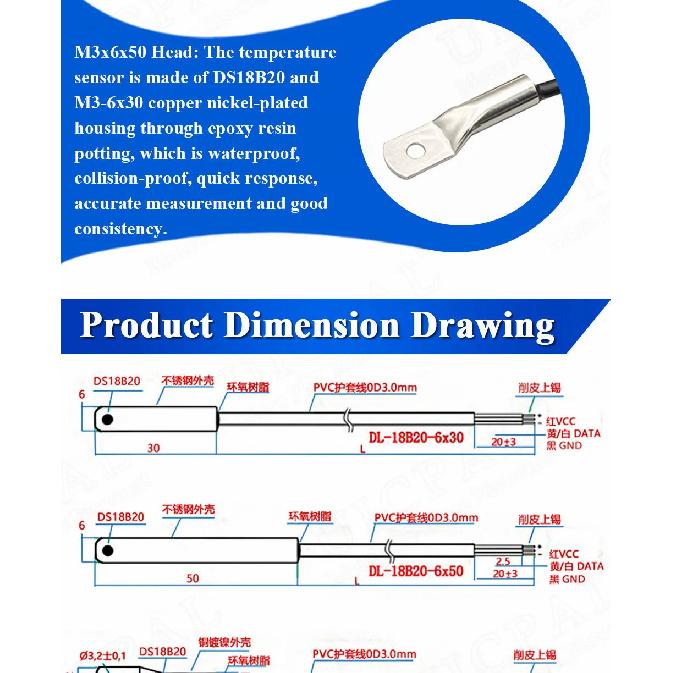 DS18B20 Temperature Sensor Probe 304 Stainless Steel 6*30MM OD 3.0MM Waterproof Dustproof Sensors Cable 1M Length