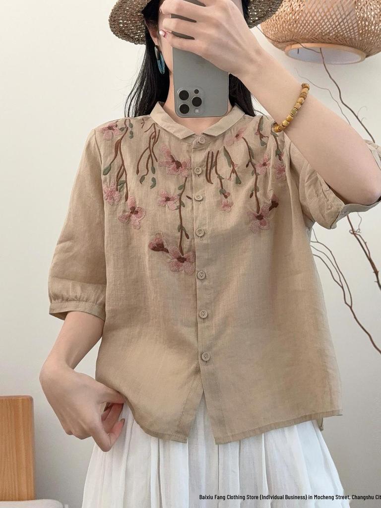 2026 Summer Women's Artistic Embroidered Linen Shirt: Chinese Style, National Flair, Small Lapel, Five-Point Sleeves