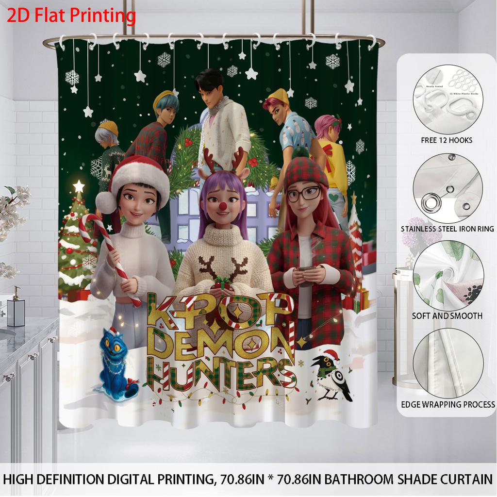 4Pcs Christmas K-Pop Demon Hunters Print Bathroom Set 180X180 Waterproof Shower Curtain Floor Mat, U-Shaped Mat, Toilet Seat Mat