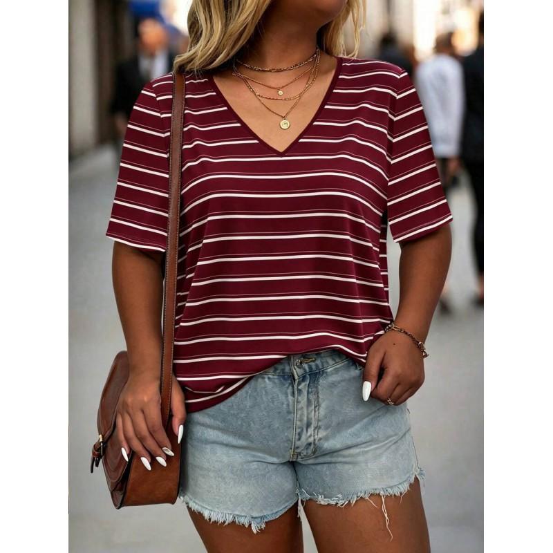 Womens V-Neck Short Sleeve Loose Fit T-Shirt With Floral Lake Scene Cartoon Bun Girl Print 2025 Casual Top