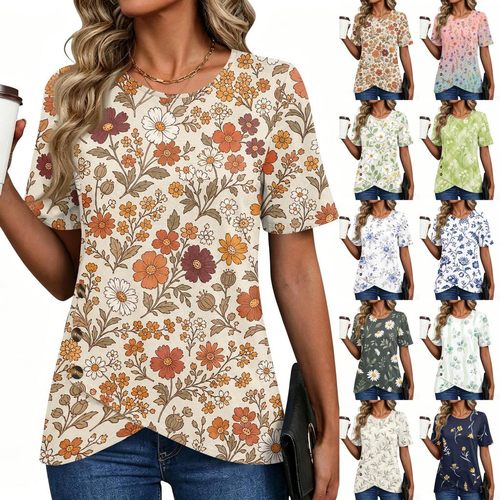Women Short Sleeve T Shirt Floral Print Button Detail Round Neck Casual Blouse Lightweight Soft Fabric Summer Top