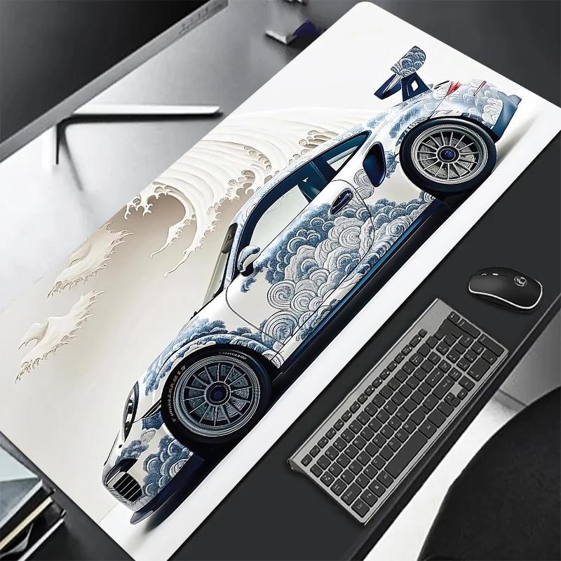 Large White Sports Car Design Mouse Pad Gaming Anti-Slip Rubber Base Extended Desk Mat for Gamer Office Use Computer Accessories