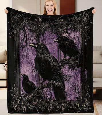 Raven Gothic Artwork, Cozy Flannel Blanket Enigmatic Couch, Living Room Year-Round Use, Halloween Christmas Room Decoration