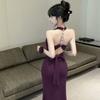 Pure desire sexy purple neck sling dress women's backless dress stepmother slim fit hip wrap dress dress burst