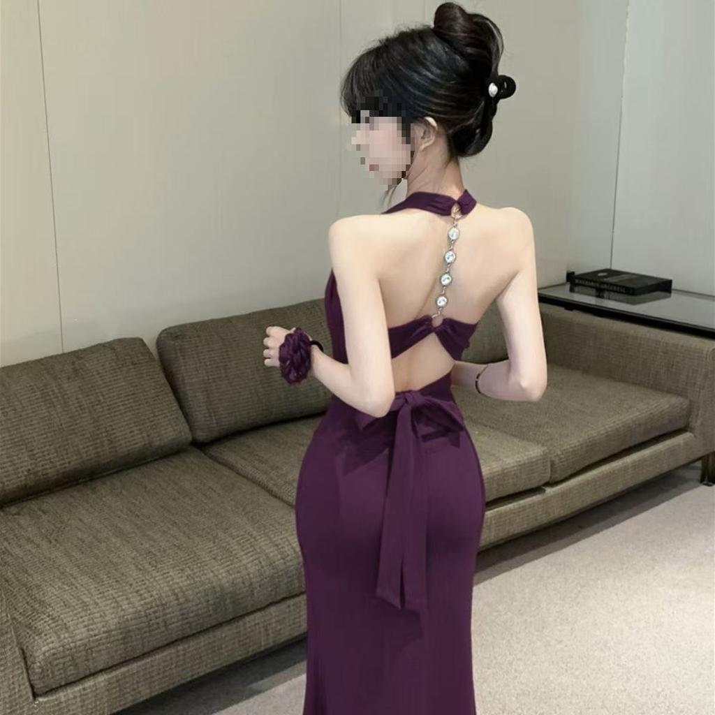 Pure desire sexy purple neck sling dress women's backless dress stepmother slim fit hip wrap dress dress burst