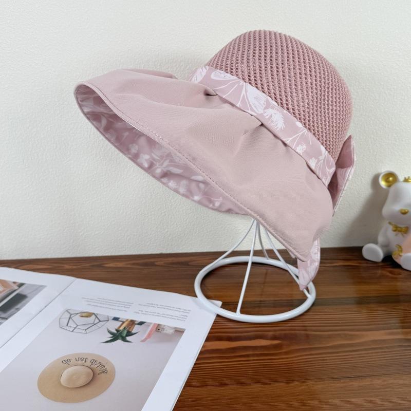 Women's Printed Bow Fisherman Hat with Large Brim Summer UV Resistant Folding Sun Hat