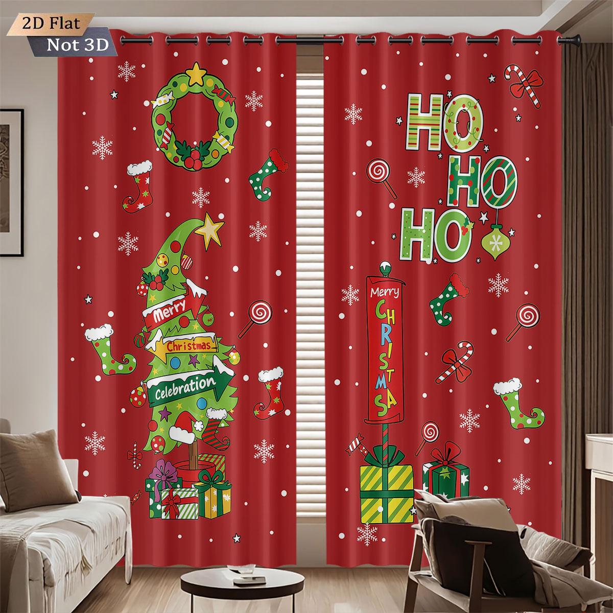 

2Pcs Cartoon Christmas Tree Ho Print Blackout Curtains Multiple Sizes Living Room Insulation Holiday Decoration Easy To Install 140x160&Grommet Top