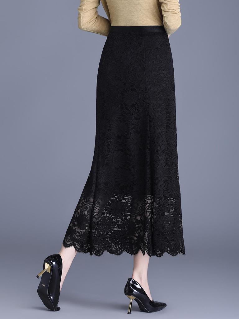Black Lace Floral Mermaid Midi Skirt - 2026 Spring High-Waist, Slimming, Hip-Hugging Design