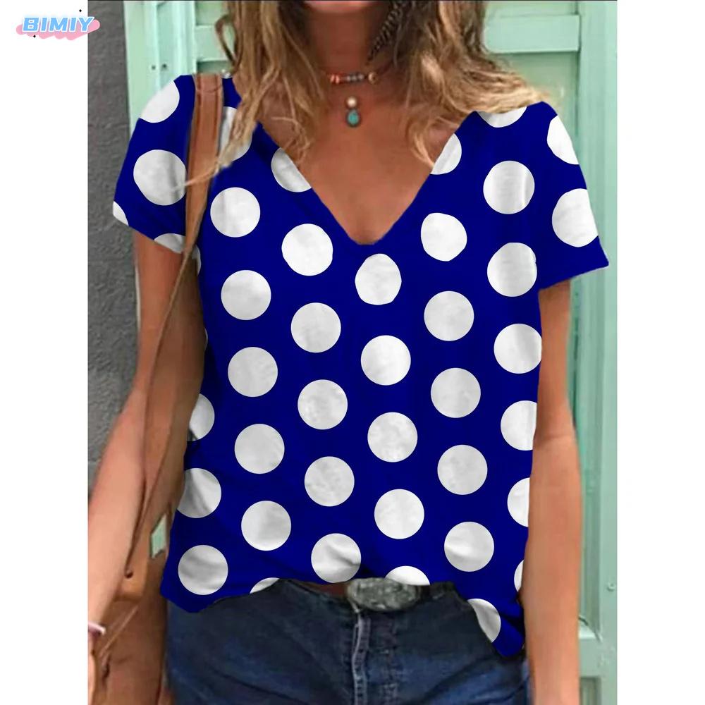 2025 dámské tričko s výstřihem do V, retro potisk s puntíky, módní dámské volnočasové tričko s krátkým rukávem, top pro ženy na léto