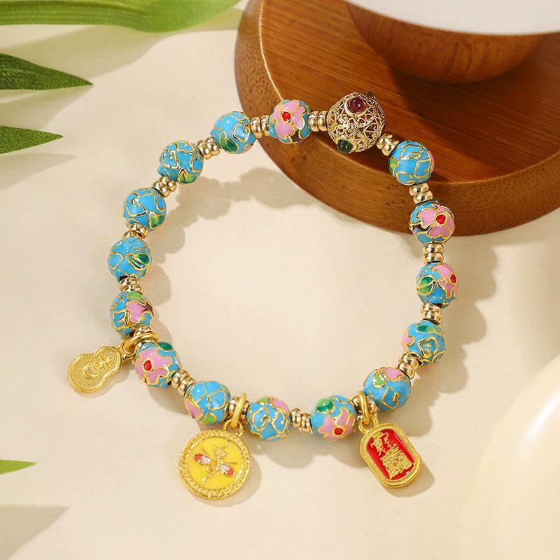 Lake Blue Cloisonné Enamel Bracelet with Retro Yellow God of Wealth and Blooming Flowers Design
