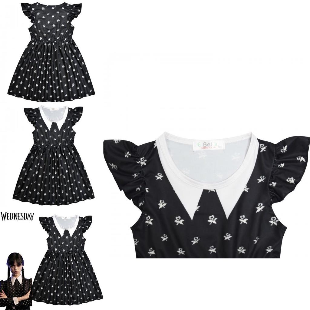 Kids The Addams Family Wednesday Cosplay Costume Soft Black Milk Silk Dress