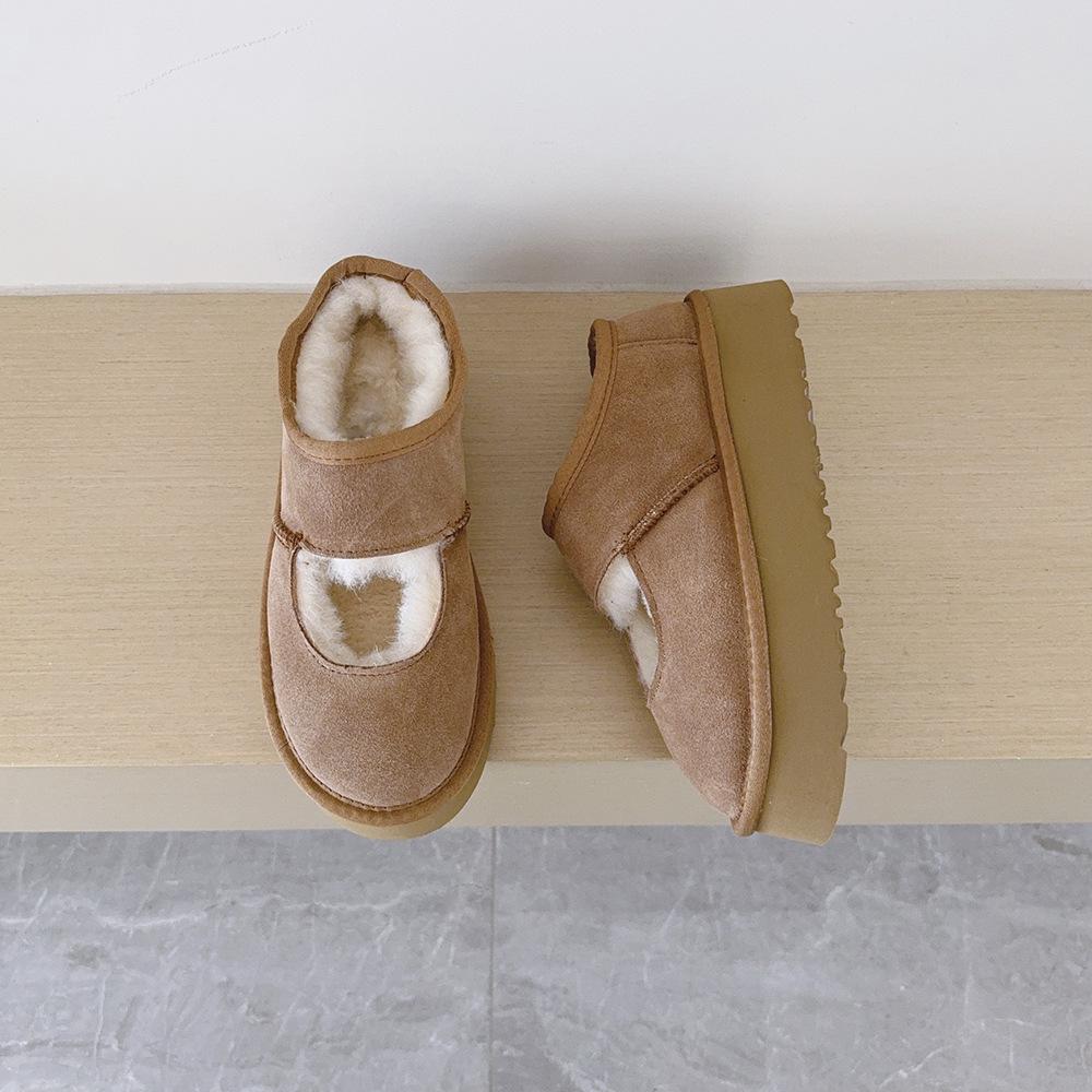 Cowhide Velvet-Lined Women's Winter Mary Janes with Thick Soles