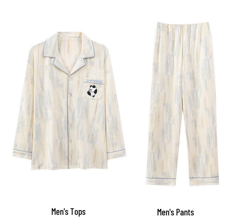 Couple's Korean Style Cotton Pajama Set with Long Sleeve Lapel Cardigan and Chest Pads for Plus Size Women and Men – Autumn/Winter Homewear.