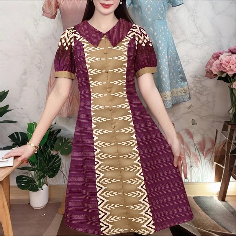 ZANZEA Women Casual Doll Collar Short Sleeve Ethnic Print Dress