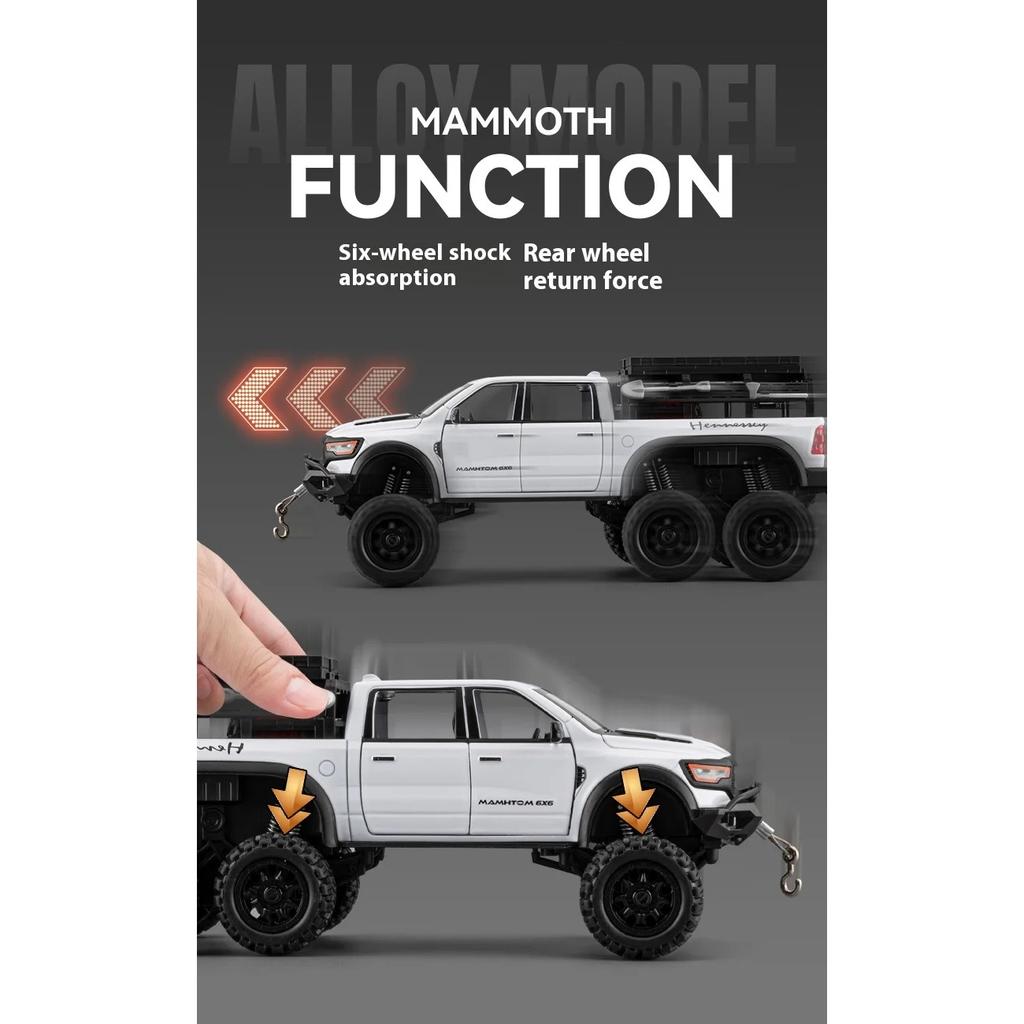 Large Size 1/24 Dodge Mammoth 6X6 Off-road Pickup Truck Children's Toy Car Simulation Alloy Car Model Ornament Boy Gift