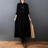 Autumn Winter Corduroy Dress Polo Neck Buttons A-line Dress Ankle-length Vintage Long Shirt Dress Loose Black Blue Red